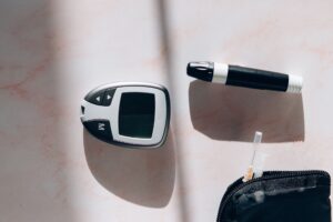 Bundled CGM sensors, test strips, and diabetic supplies prepared for resale shipment